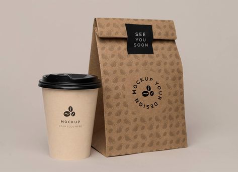 Free Kraft Paper Bag With Coffee Cup Mockup PSD - Good Mockups Kraft Bag Design Packaging Ideas, Cafe Paper Bag Design, Food Paper Bag, Kraft Coffee Bag Design, Takeaway Coffee Cup Design, Coffee Bag Label Design, Coffee Bean Bag, Drip Bag Coffee Package Design, Coffee Mockup