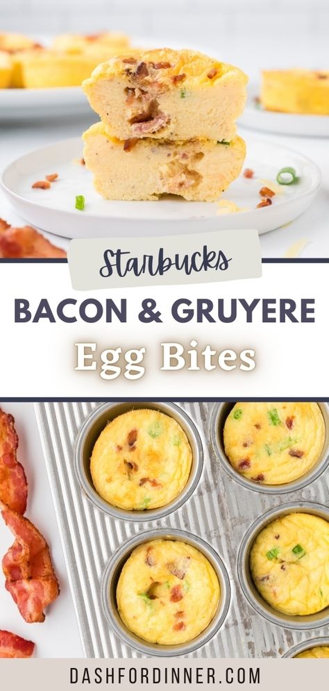 This Starbucks copycat recipe for Bacon and Gruyere egg bites is the perfect high protein breakfast or snack meal prep! Save money by making your own version at home with just a few simple ingredients like fresh eggs, cottage cheese, gruyere, and crumbled bacon. Egg Bites Muffin Tins Starbucks, Egg Bites Instant Pot Cottage Cheese, Bacon And Gouda Egg Bites, Carnivore Egg Bites, Starbucks Bacon Egg Bites Recipe, Ham And Cheese Egg Bites, Bacon Egg Muffin Cups, Meal Prep Egg Bites, Bacon And Gruyere Egg Bites