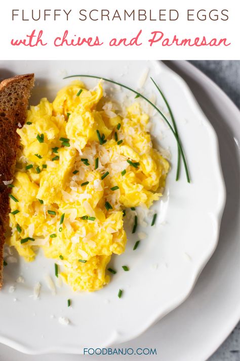 Eggs With Parmesan Cheese, Parmesan Scrambled Eggs, Chive Scrambled Eggs, Parmesan Eggs, Scrambled Eggs With Parmesan Cheese, Parmesan Eggs Breakfast, Fancy Scrambled Eggs, Scrambled Eggs On Toast, French Style Scrambled Eggs