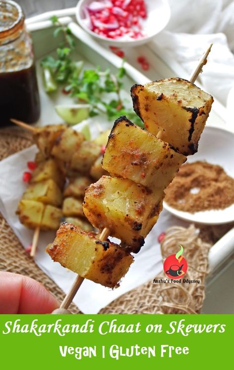 Spiced Sweet Potatoes, Potato Skewers, Flavored Yogurt, Veg Appetizers, Veg Snacks, Cubed Sweet Potatoes, Chaat Recipe, Vegetarian Snacks Recipes, Vegetarian Snacks