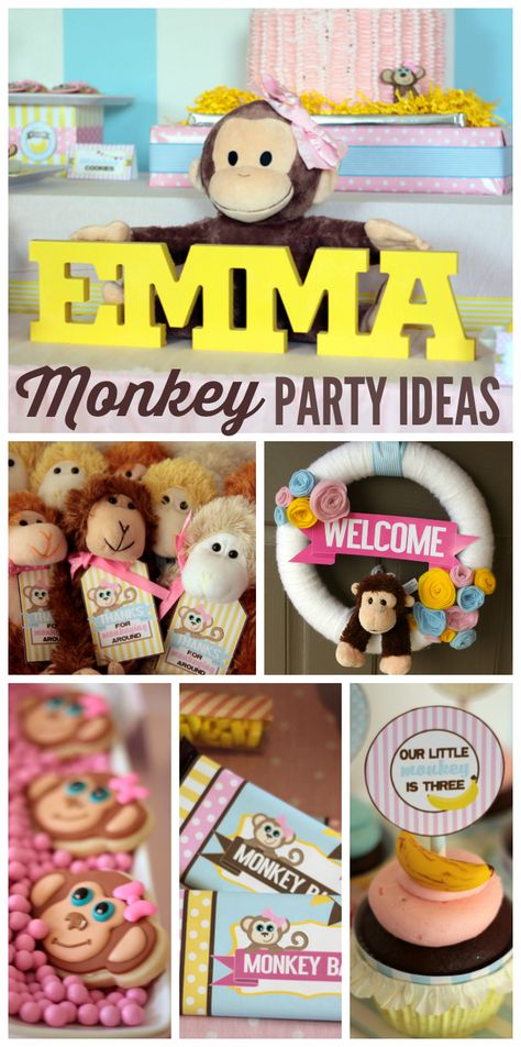 You've got to see this adorable monkey girl birthday party with bananas, monkeys and more!  See more party ideas at CatchMyParty.com! Monkey See Monkey Two Birthday, Monkey Cakes, Monkey Party Ideas, Birthday Monkey, Girl Monkey, Monkey Birthday Parties, Monkey Party, Curious George Party, Curious George Birthday