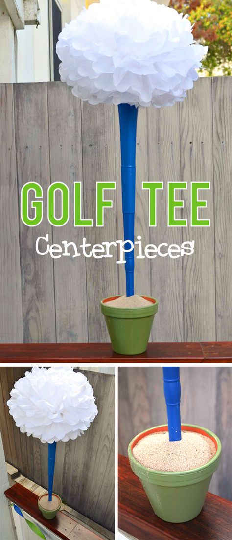 Cute and easy golf party centerpieces - giant golf tees! Golf Party Ideas, Party Decorations Centerpieces, First Birthday Golf, Golf Decorations, Hole In One First Birthday, Golf Themed Party, Golf Centerpieces, Sports Cookies, Golf Theme Party