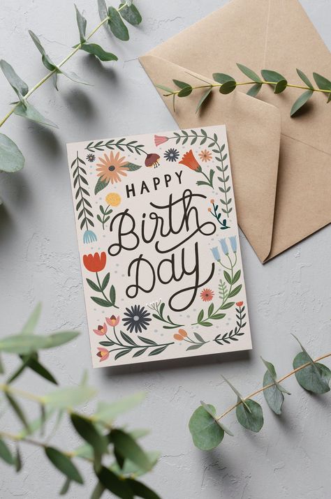 Floral Happy Birthday A5 Card | Nordic Cards for Her | Cute Flower Birthday Card for Mum and Sister | Folk Floral Greeting Card