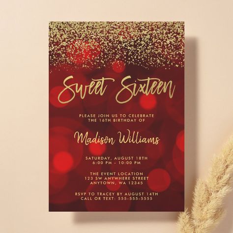 Sweet 16 Party Ideas Red And Gold, Red Sweet 16 Decorations, Fancy Sweet 16, Red And Gold Sweet 16, Red Themed Birthday, Debut Invitation 18th, Red And Gold Party, 15th Party Ideas, Red Sweet 16