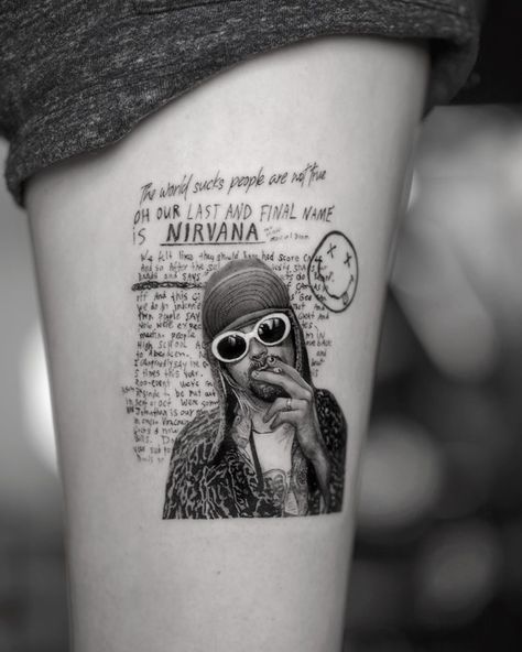 Curt Cobain Tattoo Ideas, Kurt Cobain Tattoo Design, Tattoo Ideas Nirvana, Nirvana Tattoo Kurt Cobain, Kurt Cobain Tattoo Ideas, Nirvana Logo Tattoo, Nirvana Tattoo Ideas, Rock Band Tattoos, Kurt Cobain Quote