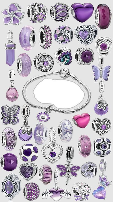 Pandora purple charm bracelet #pandoracharms #pandorabracelet #pandora #purple Purple Pandora Bracelet, Pandora Bracelet Purple, Purple Pandora, Purple Charms, Jewellery Mood Board, Pandora Purple, Jewelry Mood Board, Pandora Bracelet Charms Ideas, Pandora Bracelet Designs