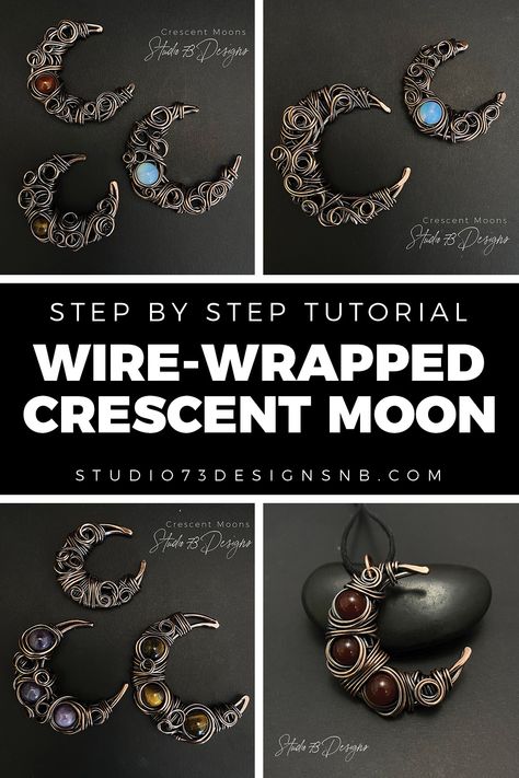 This wire-wrapped crescent moon pendant tutorial will teach you a very “free-flow” method of wire-wrapping. If you prefer working with thicker wire, you’ll love this tutorial. This PDF tutorial is 27 pages in total, with over 100 high-resolution photos which show you how to wire-wrap a crescent moon, step by step. #wirewrappingtutorial #wirewrap #wirewrappingtutorial #wirewrapping #wirewrapped #wirejewelry #diyjewelry #jewelrymaking #wirejewellery #wirewrappedpendant #crescentmoon #moonjewelry Wire Wrapped Jewelry Tutorials Free Moon, Crescent Moon Wire Wrap Tutorial, Wire Wrap Cauldron Tutorial, Witchy Wire Jewelry, Wire Crescent Moon, How To Wire Wrap Crescent Moon Crystal, Wire Wrapped Crescent Moon, Wire Moon Pendant, Wire Wrap Designs