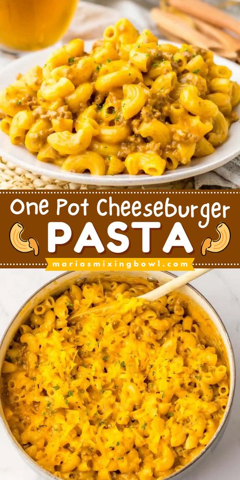 Looking for weeknight dinner recipes? You're less than 30 minutes away from this one-pot pasta! Made with ground beef and macaroni in a rich, creamy sauce, this cheeseburger pasta skillet is a delicious home-cooked meal! One Pan Cheeseburger Pasta, Easy One Pot Ground Beef Recipes, One Pot Hamburger Meals, Noodles And Ground Beef Recipes, Skillet Meals Ground Beef, Ground Beef One Pot Meals, One Pot Ground Beef Recipes, Hamburger Recipes For Dinner, Ground Beef And Macaroni