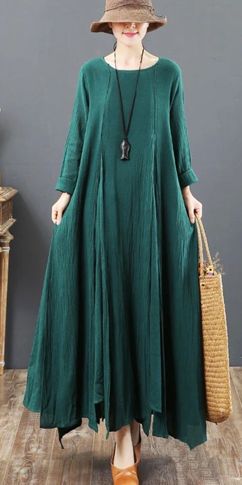 Loose Dress Outfit, Velvet Suit Design, Linen Style Fashion, Green Autumn, Western Dresses For Women, Clothes Plus Size, Loose Dresses, Travel Clothes, Pattern Dress Women