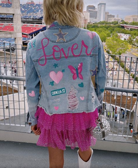 Concert inspo Taylor swift lover jacket Lover Era Jean Jacket, Lover Jacket Taylor Swift, Toddler Taylor Swift Outfit, Taylor Swift Lover Jean Jacket, Lover Jean Jacket Taylor Swift, Jean Jacket Taylor Swift, Lover Jean Jacket, Taylor Swift Jean Jacket Diy, Eras Tour Jean Jacket