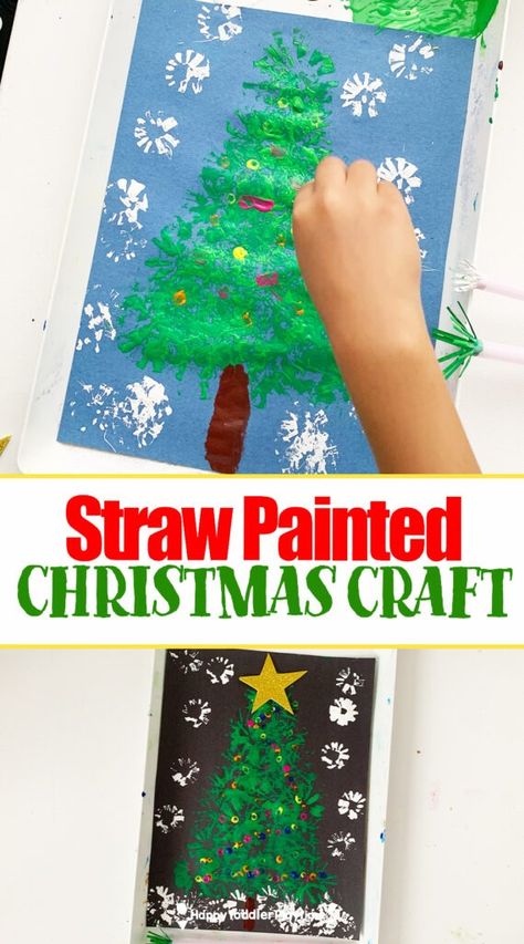 Straw Painted Christmas Tree Craft - Happy Toddler Playtime Crismas Tree, Painted Christmas Tree, Christmas Tree Craft, Straw Art, Straw Crafts, Kids Painting Crafts, Toddler Painting, Christmas Game, Tree Craft