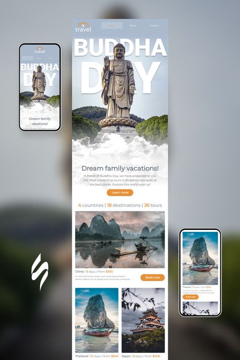 Buddha day Email Template «Dream family vacations» for Travel industry. Create eye-catching templates that leave a lasting impact.🌠🌟 Follow us on Pinterest for design and marketing hacks! 📈💌 #buddhaday #stripoemail #emaildesigninspiration #emailnewsletter #emailtemplate #emaildesign #emailmarketing #emailcampaigndesign Travel Email Design, Email Marketing Newsletter Design, Newsletter Design Layout, Newsletter Design Inspiration, Mailing Design, Email Flyer, Free Email Templates, Marketing Hacks, Email Marketing Design Inspiration