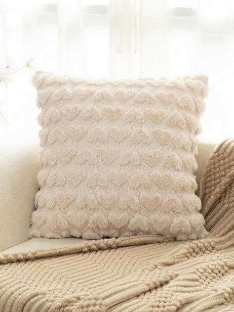 Beige Modern Collar  Fabric Heart Pillowcases Embellished   Home Decor Heart Cushion, Home Decor Sets, Faux Fur Throw Pillow, Fur Throw Pillows, Fluffy Pillows, Pillow Fabric, Sofa Home, Decorative Throw Pillow Covers, Lumbar Pillow Cover