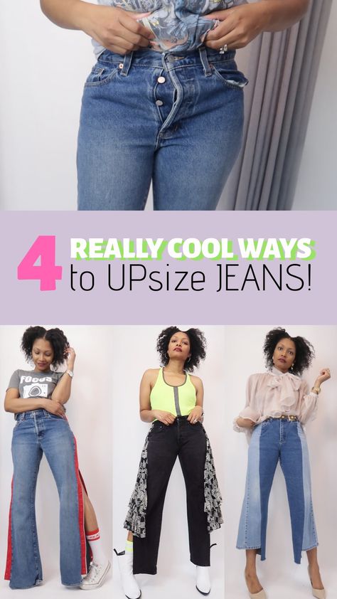 Upcycle your jeans that don't fit anymore into trendy new ones! Upcycle Too Small Pants, Upcycle Black Jeans, Size Up Jeans Diy, Small Jeans Hack, Upcycle Pants Diy, Upcycle Clothes Jeans, Upcycle Jeans Refashioning, Half And Half Jeans, Make Jeans Bigger