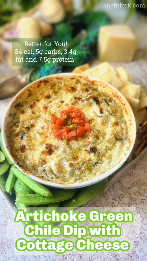 Better-for-You Artichoke and Green Chile Dip with Cottage Cheese is a comforting snack and party appetizer, perfect for football season, the holiday season and upcoming get-togethers. Green Chile Dip, Cottage Cheese Dip Recipes, Soup Shooters, Cottage Cheese Dips, Popular Healthy Recipes, Beer Ingredients, Party Appetizer, Artichoke Dip, Easy Pasta Recipes