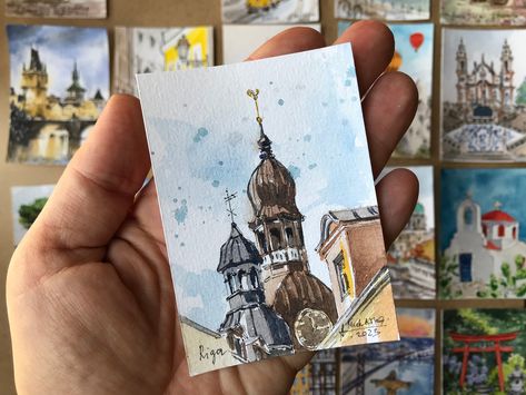 Latvian art ACEO Original watercolor Riga painting Mini artwork by AnaMuStudio by AnaMuStudio on Etsy Lisbon Art, Shipping Artwork, Art Mini Toile, Portugal Art, Lisbon Tram, Kunstjournal Inspiration, Mini Watercolor, Travel Art Journal, Watercolor Paintings For Beginners