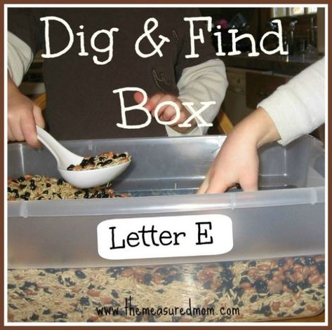 Fill a box with dry beans and rice and objects that start with letter E Letter R Sensory Table, Letter E Sensory Activities, Letter E Learning Activities, Letter E Books For Preschool, Letter E Journal For Preschool, Letter E Activities, Preschool Activities At Home, Alphabet Letter Crafts, Dry Beans