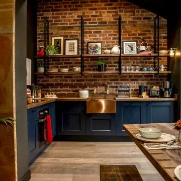 75 Kitchen with Black Cabinets and Brick Backsplash Ideas You'll Love - April, 2022 | Houzz Brick Backsplash Ideas, Kitchen With Black Cabinets, Exposed Brick Kitchen, Brick Wall Kitchen, Brick Backsplash Kitchen, Brick Interior, Brick Kitchen, Brick Backsplash, Eclectic Kitchen