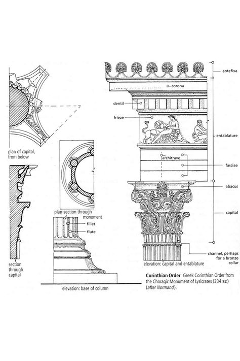 Greek Corinthian Order from the Choragic Monument of Lysicrates (334BC) (after Normand). (Dictionary), 2006 - James Stevens Curl Ancient Greece Projects, Corinthian Order, Architectural Columns, Architect Drawing, Greek Temple, Ornament Drawing, Ancient Greek Architecture, Temple Architecture, Architecture History