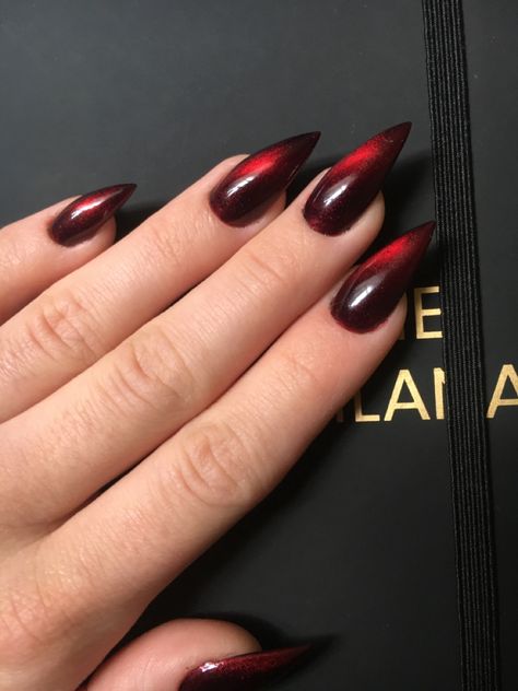 Stiletto dark red cat eye vampire gel nails Lilith Nails, Cat Eye Nails Stiletto, Stilleto Cat Eye Nails, Stiletto Cat Eye Nails, Mafia Nails Aesthetic, Red Cat Nails, Red Cats Eye Nails, Cat Eye Nails Dark, Dark Blood Red Nails