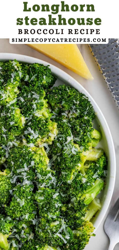 Looking to add some color to your dinner table? This copycat Longhorn Steakhouse Broccoli recipe is the answer! Fresh broccoli is cooked to a tender-crisp texture, smothered in a delicious garlic butter sauce, and topped with parmesan cheese. It's the perfect side dish for any meal. Best Cooked Broccoli, Broccoli Recipes Boiled, Garlic Parm Broccoli, Broccoli Side Dishes Healthy, Buttered Broccoli Recipe, Best Healthy Side Dishes, Best Brocollini Recipes, Broccoli With Parmesan Cheese, Holiday Broccoli Side Dishes