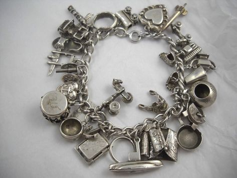 $550 Vintage Sterling WWII Travelers Charm Bracelet 30 Charms Original Bracelet! (A) Charm Bracelet Display, Travel Charm Bracelet, Sterling Silver Heart Bracelet, Custom Charm Bracelet, Vintage Charm Bracelet, Bracelet Display, Sterling Silver Charm Bracelet, Assemblage Jewelry, Silver Charm Bracelet