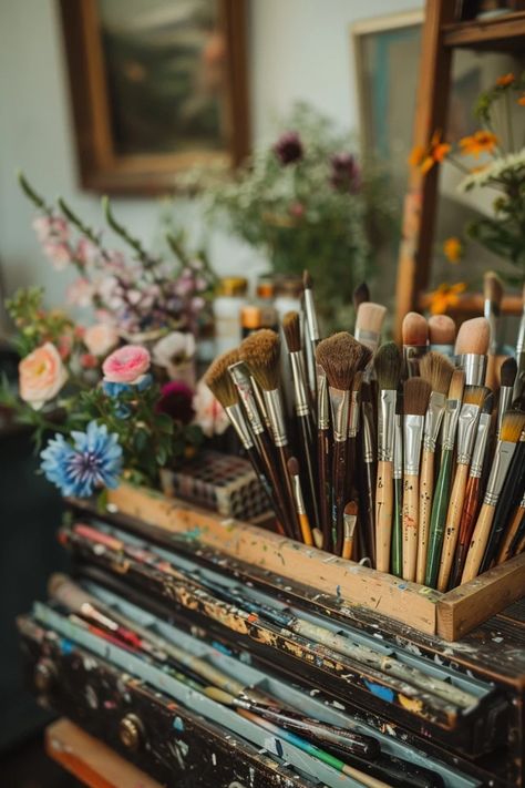 Creative Paint Brush Storage Ideas Unveiled Paint Brush Display Ideas, Paint Studio Aesthetic, Paint Studio Ideas, Paint Studio Ideas Spaces, Painting Studio Aesthetic, Art Supply Storage Ideas, Paint Storage Ideas, Artwork Organization, Artistic Room Decor