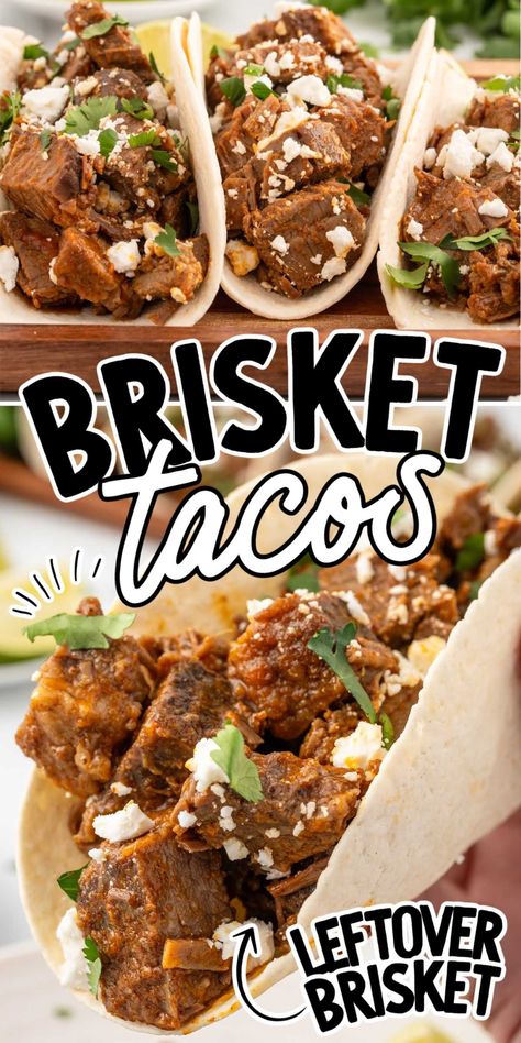 These easy, 10-minute Brisket Tacos are full of Tender beef and creamy queso fresco wrapped in warm tortillas. Perfect for Cinco de Mayo! Mexican Brisket Tacos, Brisket Tacos Crock Pot, Beef Brisket Recipes Crockpot, Brisket Tacos Recipe, Beef Brisket Tacos, Brisket Recipes Crockpot, Taco Ideas, Brisket Recipes Smoked, Mexican Food Dishes