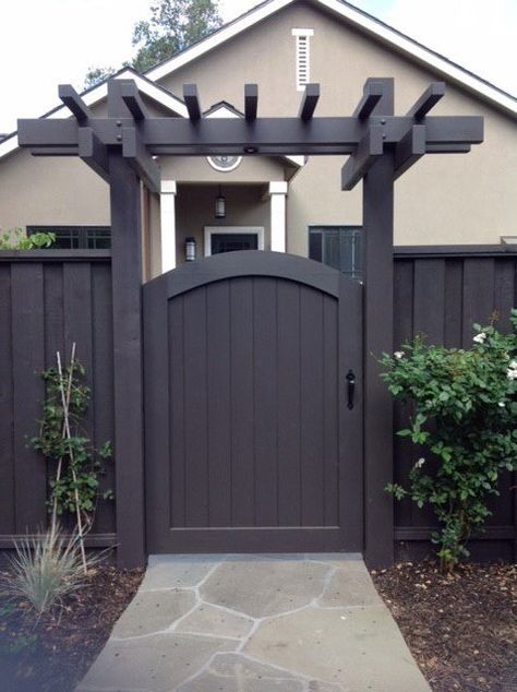 Wood Gates And Fences, Arbor Over Gate, Gate With Arbor Entrance, Fence Gate Arbor, Wood Gates Ideas, Fence With Arbor And Gate, Side Gate Ideas, Pergola Gate, Picket Fence With Arbor Gate