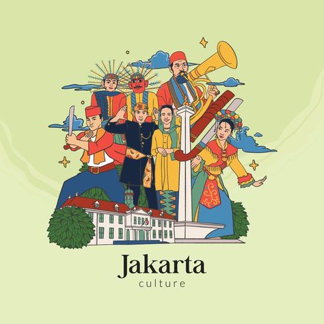 Set Jakarta Illustration. Hand drawn Indonesian cultures background