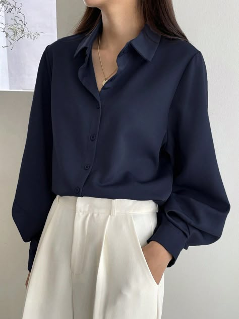 Navy Blue Casual Collar Long Sleeve Fabric Plain Shirt Embellished Non-Stretch Spring/Fall Women Clothing Elegante Casual, Classy Work Outfits, Bishop Sleeve, Plain Shirts, Casual Style Outfits, White Pants, Lantern Sleeves, Shirt Sale, Grey Fashion