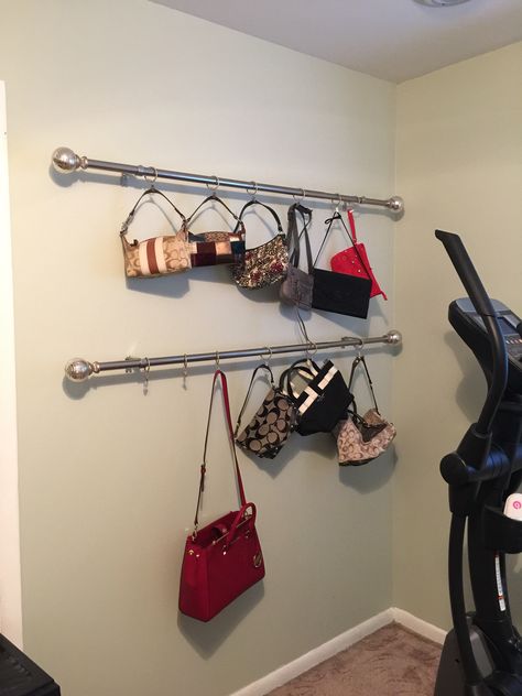 Diy Purse Hanger Wall, Store Handbags Ideas, Coat Rack For Purses, Wall Purse Organization, Purse Holder For Room, Bag Hanger Ideas, Purse Organization Wall, Diy Purse Rack, Purse Wall Display