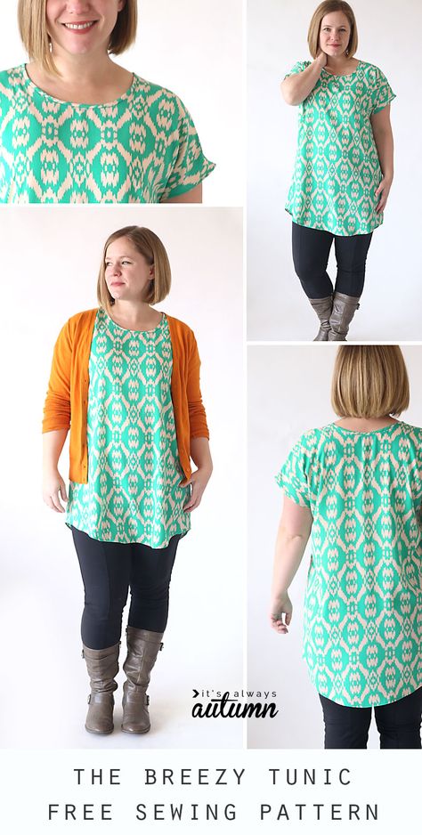 This easy to sew tunic pattern only has two pieces and is free in women's size L! Quick, easy sewing tutorial, perfect for spring. Plus Size Tunic Sewing Patterns, Sewing Patterns Free Women, Tunic Sewing Patterns, Trendy Sewing Patterns, Plus Size Sewing, Sewing Projects Clothes, Free Sewing Pattern, Sew Ins, Trendy Sewing