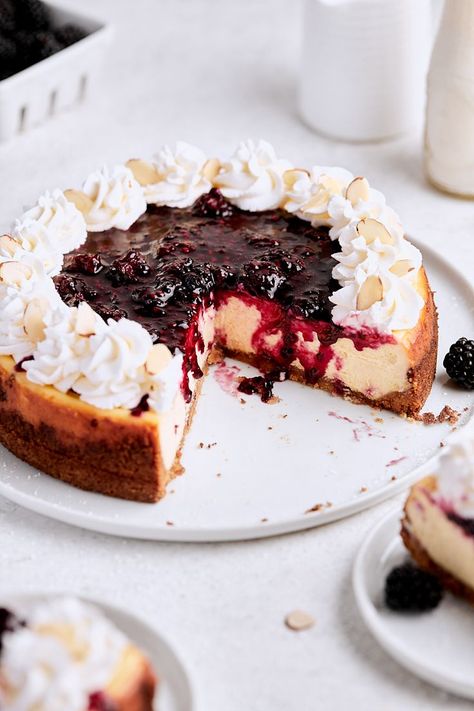 Blackberry almond cheesecake makes the best summer dessert! Made with @candhsugar C&H® Granulated Sugar, classic cheesecake pairs perfectly with the blackberry topping. C&H® Golden Brown Sugar flavors the gluten-free almond crust and C&H® Confectioners Sugar sweetens the almond whipped cream. #CHSugar Blackberry Topping, Almond Whipped Cream, Almond Cheesecake, Blackberry Sauce, Almond Crust, Best Summer Desserts, Blackberry Cheesecake, Almond Crusted, Classic Cheesecake