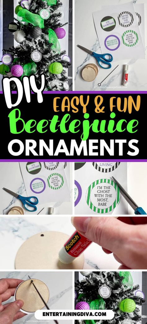 DIY Beetlejuice Tree Ornaments | Halloween Beetlejuice Decorations Diy Crafts, Beetlejuice Ornaments, Beetlejuice Crafts Diy, Beetlejuice Tree, Beetlejuice Decorations Diy, Beetlejuice Diy, Diy Beetlejuice, Beetlejuice Gifts, Inexpensive Halloween Decorations