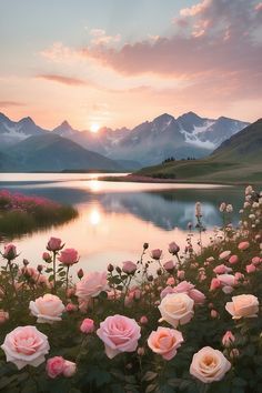 Floral Sunset Wallpaper, Pretty Mountains Aesthetic, Ipad Wallpaper Mountains, Sunset Mountains Painting, Pink Wallpaper Nature, Lake With Flowers, Peru Mountains, Pink Landscape, Redhead Art