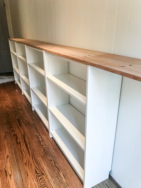 An easy to follow step-by-step tutorial showing how to build bookcase built-ins using IKEA Billy bookcases. #IKEAhack #homeimprovement #build #playroom Diy Built In Playroom Storage, Ikea Play Kitchen Billy Bookcase, Billy Bookcase Basement, Billy Bookcase Hack Playroom, Diy Short Bookshelf, Diy Ikea Shelves, How To Build A Bookcase, Billy Bookcase Kids Room, Ikea Billy Kids Room