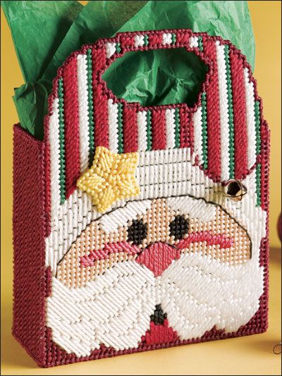 Braid Ribbon, Sewing Crochet, Santa Bags, Plastic Canvas Ornaments, Plastic Canvas Tissue Boxes, Plastic Canvas Christmas, Plastic Canvas Patterns Free, Gift Totes, Christmas Canvas