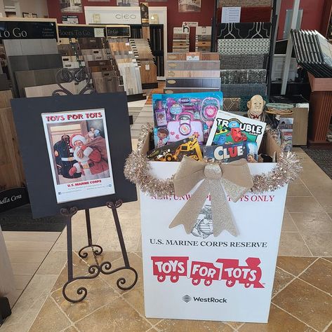 Toys For Tots Donation Box Ideas, Interesting Flooring, Toy Donation, Donation Box, Toys For Tots, Handcrafted Dolls, Tree Themes, Fun Birthday Party, Flooring Projects