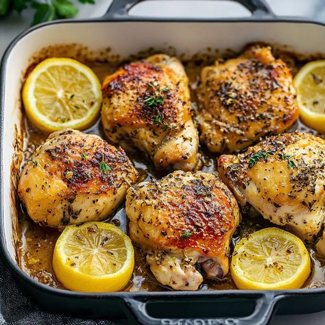 Greek Lemon Chicken Recipe - sandyrecipes.com Paleo Chicken Breast, Lemon Chicken Thighs, Lemon Roasted Chicken, Lemon Herb Chicken, Greek Lemon Chicken, Lemon Chicken Recipe, Roasted Chicken Thighs, Garlic Chicken Recipes, Lemon Garlic Chicken