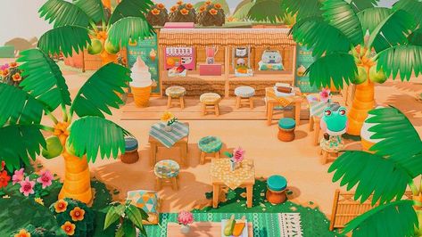 Tropical Animal Crossing, Acnh Ice Cream Shop, Acnh Tropicore, Acnh Tropical, Acnh Idea, Acnh Beach, Ice Cream Parlour, Ac New Leaf, Animal Crossing Guide