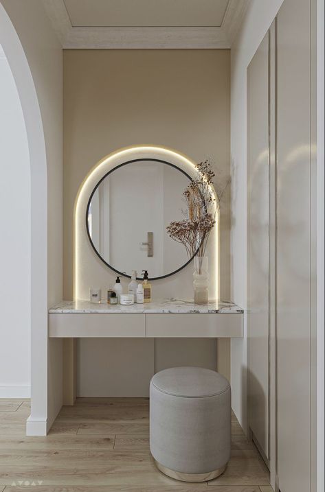 Vanity Mirror And Table, Dressing Table Wall Ideas, Bedroom Makeup Station, Sustainable Living Room, Dining Table Ideas, Staircase Interior Design, Minimalist Vanity, Living Room New York, Table Home Decor