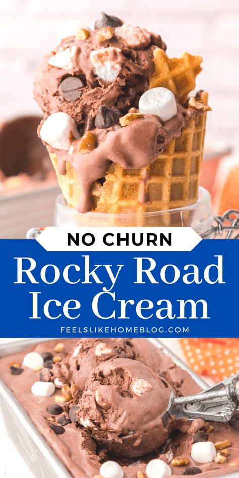 No Churn Rocky Road Ice Cream - Feels Like Home™ Rocky Road Ice Cream, Cream Custard, Ice Cream Maker Recipes, Yogurt Ice Cream, Ice Cream Pops, Homemade Ice Cream Recipes, No Churn Ice Cream, Crunchy Pecans, Ice Cream Popsicles