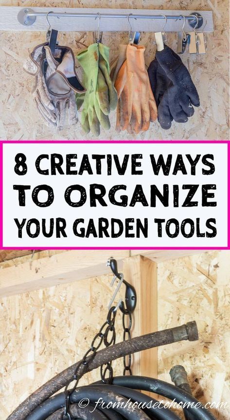 These creative garden tool storage ideas are easy and inexpensive! I'm finally going to get the garden tools organized in my shed. #fromhousetohome #gardentools #gardeningtips #storagetips #organizegardentools #gardeningideas Garden Tool Storage Ideas, Tool Shed Organizing, Tool Storage Ideas, Garden Tool Rack, Storage Shed Organization, Garden Tool Organization, Bar Diy, Shed Organization, Garden Tool Shed