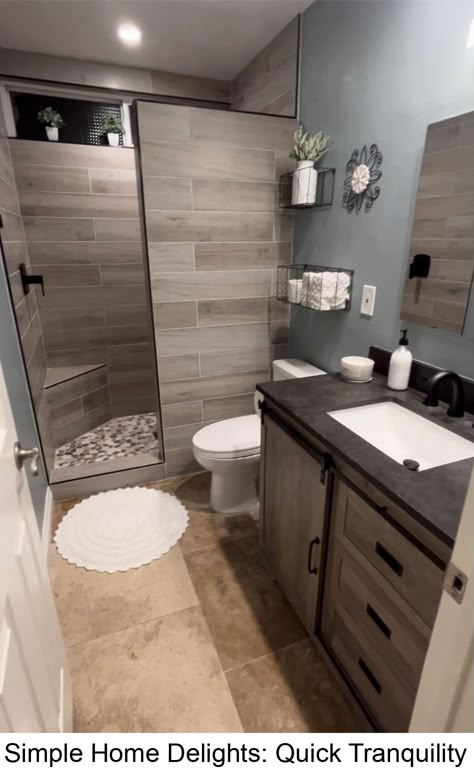 Simple Home Delights: Quick Tranquility Simple Bathroom Design Ideas, House Inspection, Small Bathroom Renos, Black Tile Bathrooms, Restroom Remodel, Grey Bathrooms Designs, Small Full Bathroom, Bathroom Design Small Modern, Simple Bathroom Designs