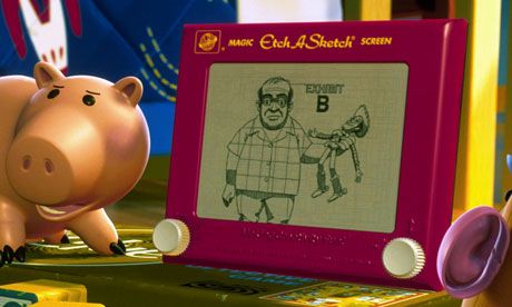 The movie Toy Story advetises the Etch A Sketch, a toy which sored in popularity after the movie's release. (Jones C, 2013) Etch A Sketch Toy Story, Etch A Sketch Art, 1950s Toys, Toy Story Movie, Etch A Sketch, Product Placement, Popular Toys, Toy Collector, Sketch Art