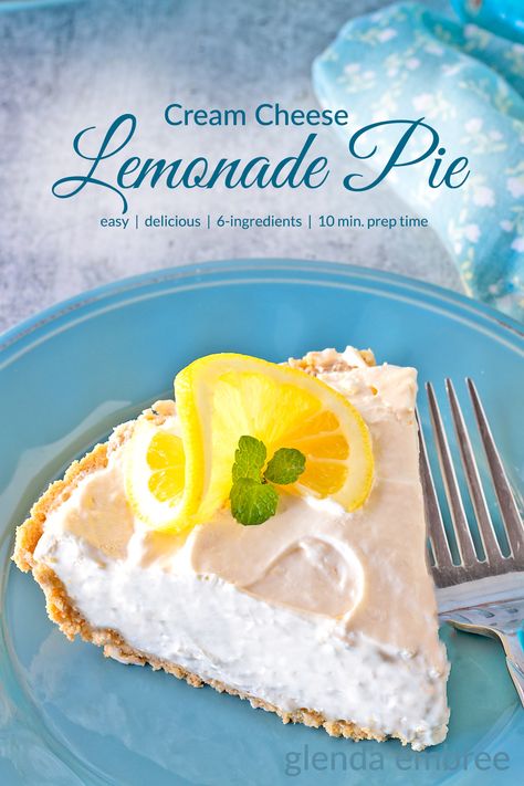 Cream Cheese Lemonade Pie on blue stoneware plate. Limeade Pie, Pie With Cream Cheese, Lemonade Pie Recipe, Cream Cheese Lemonade Pie, Cream Cheese Pie Recipes, Lemonade Pie, Frozen Limeade, Creamy Pie, Cream Cheese Pie