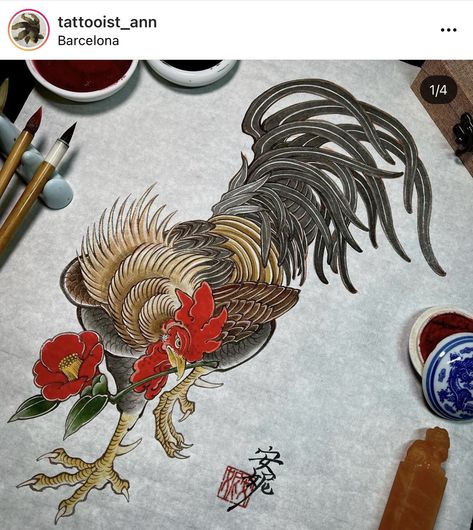 Rooster Tattoo Japanese, Rooster Leg Tattoo, Dog Chinese Zodiac Tattoo, Japanese Rooster Tattoo, Rooster Tattoo For Women, Voodoo Chicken, Japanese Rooster, Chest Tattoo Lettering, Rooster Drawing