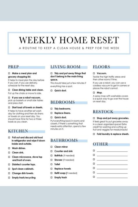 ✨ Weekly Home Reset ✨ Refresh and reset your space with a simple weekly routine. Declutter, clean, and reorganize to keep your home feeling cozy and stress-free all week long. 🧹✨ Perfect for staying on top of things and creating a calm, welcoming atmosphere. #WeeklyHomeReset #HomeOrganization #CleanAndCozy #ClutterFreeLiving #HomeRoutine Daily Routine Cleaning Schedule, Reset Week Routine, Cleansing New Apartment, New Home Cleaning Checklist, How Often To Clean Things Home, Sunday Cleaning Routine, Sunday Reset Cleaning, Organizing Checklist, Home Reset