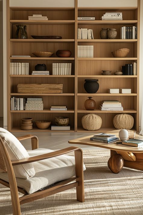 Create Your Dream Reading Nook: Shelving Unit Inspiration for Home Libraries - Quiet Minimal How To Style A Home Library, Contemporary Library Design, Contemporary Scandinavian Living Room, Organic Modern Library, Home Libraries Ideas, Bookcase Wall Decor, Japandi Library, Reading Nook Modern, Japandi Bookshelf